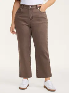 BLOOMCHIC Women's Plus-Size Dark Brown Denim Trouser - High-Stretch Spandex-Cotton Garment, Tummy-Control Regular-Fit Bootcut Jeans with Slanted Pockets, All-Season Casual Bottoms [M-6X] 2026 Summer Pick 2026 Summer Vibes Swimweek