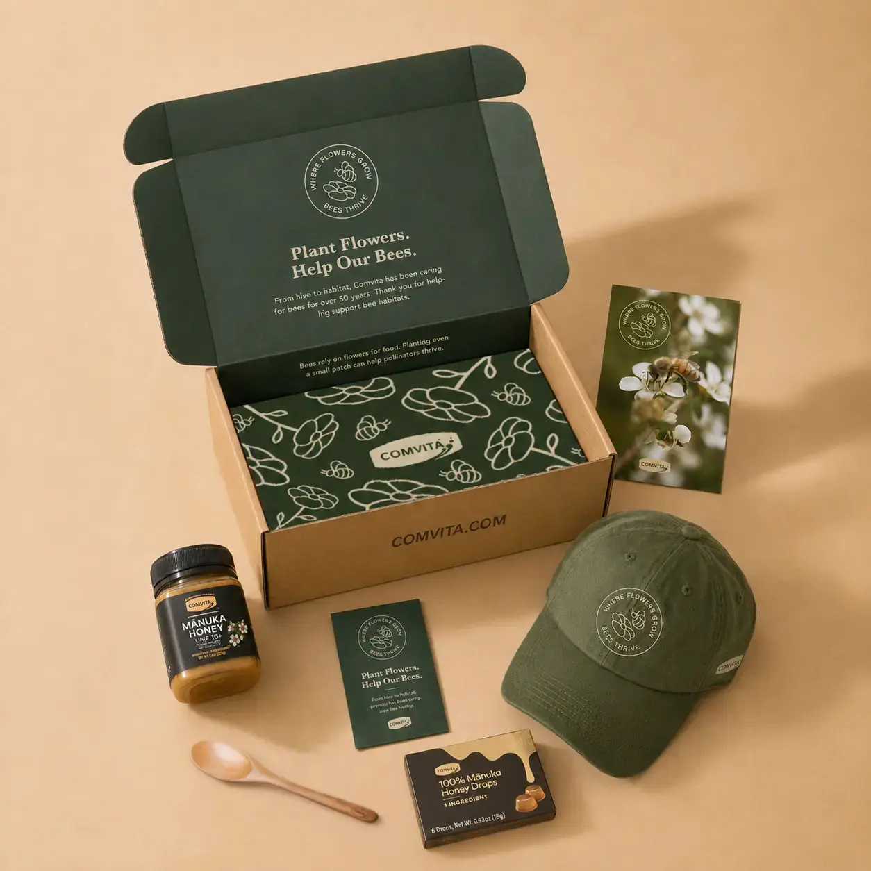 World Bee Month Gift Box Including UMF 10+ Mānuka Honey 8.8 oz, Wildflower Seed Packet, Honey Lozenges, Hat, Honey Wooden Spoon