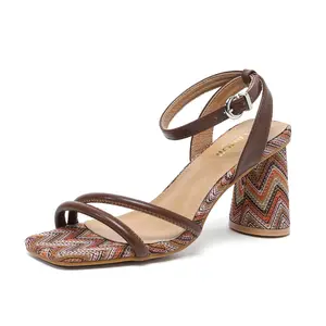 Amoji Women's 3.5 Inch Strappy Chunky Block Heels Fashion Square Open Toe Ankle Strap Heeled Sandals Brown Casual Wedge Shoes FZ335