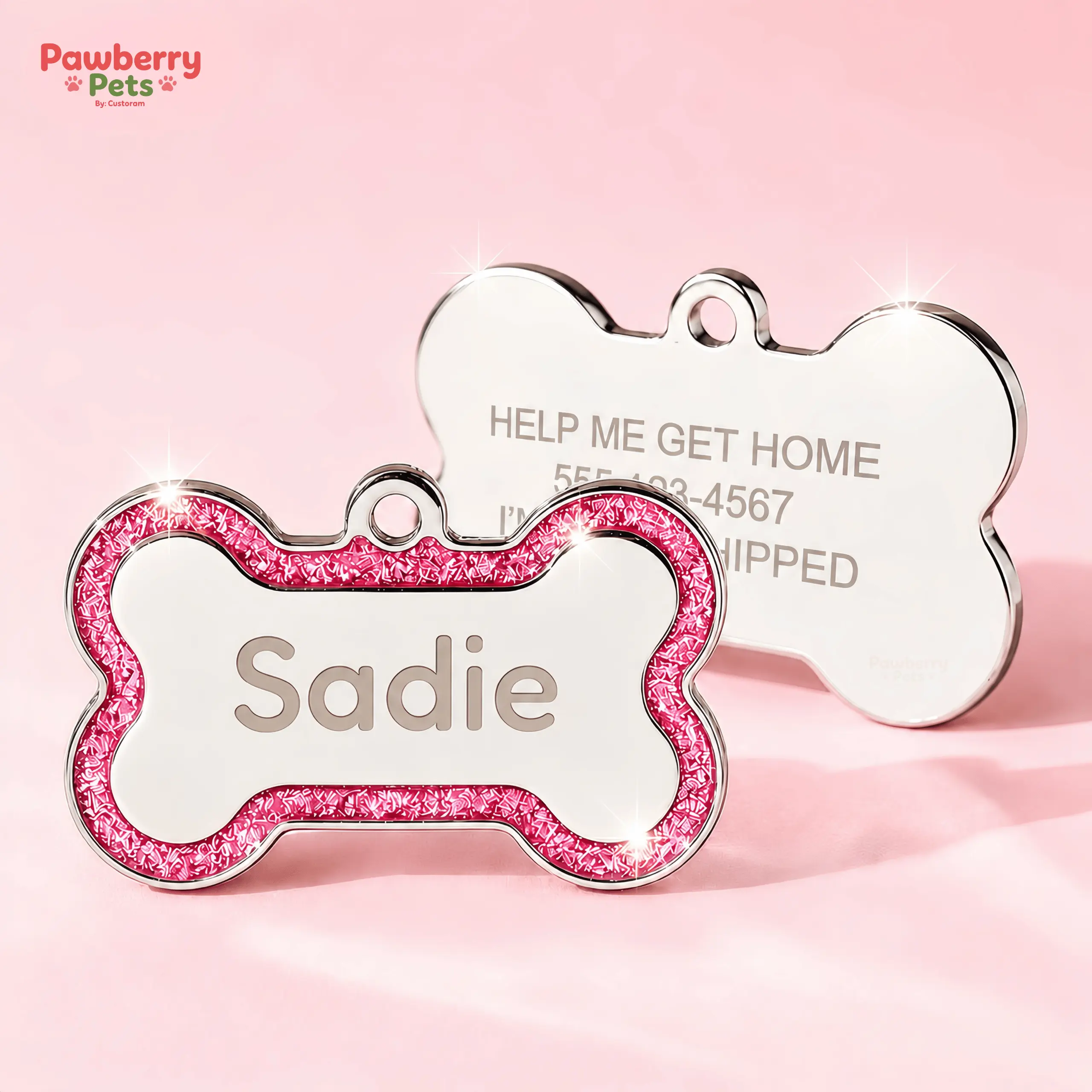 Dog Tag for Dogs and Cats, Glitter Bone Pet ID Tag, Dog Name Tag Cat Tag, Double Sided Engraved Name Phone Number, Waterproof Pet Collar Charm, Puppy Kitten ID Tags, Pet Accessories, Pet Supplies, Custom Personalized