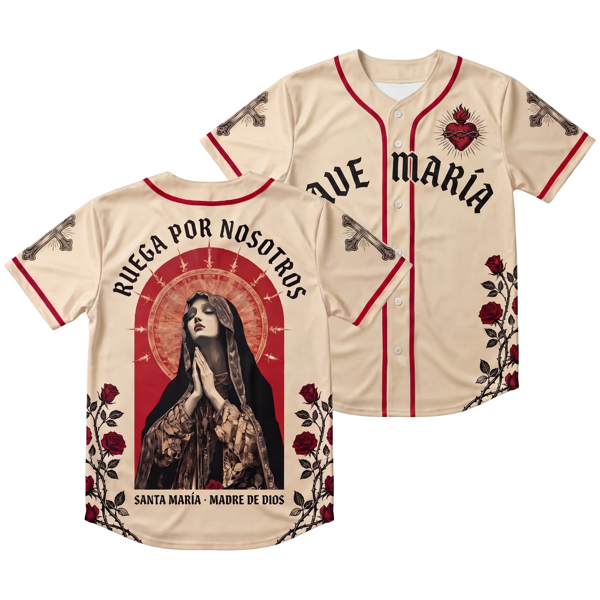Ave María Ruega Por Nosotros Virgin Mary Baseball Jersey Catholic Sacred Heart Red Roses Shirt Blessed Mother Faith Button Up