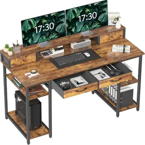 55 Inch Computer Desk with Monitor Shelf, 24" Deep, Home Office Desks with Storage, Office Desk with 4 Drawers, Work Desk, Study Writing Desk, Desk with Drawers, Brown