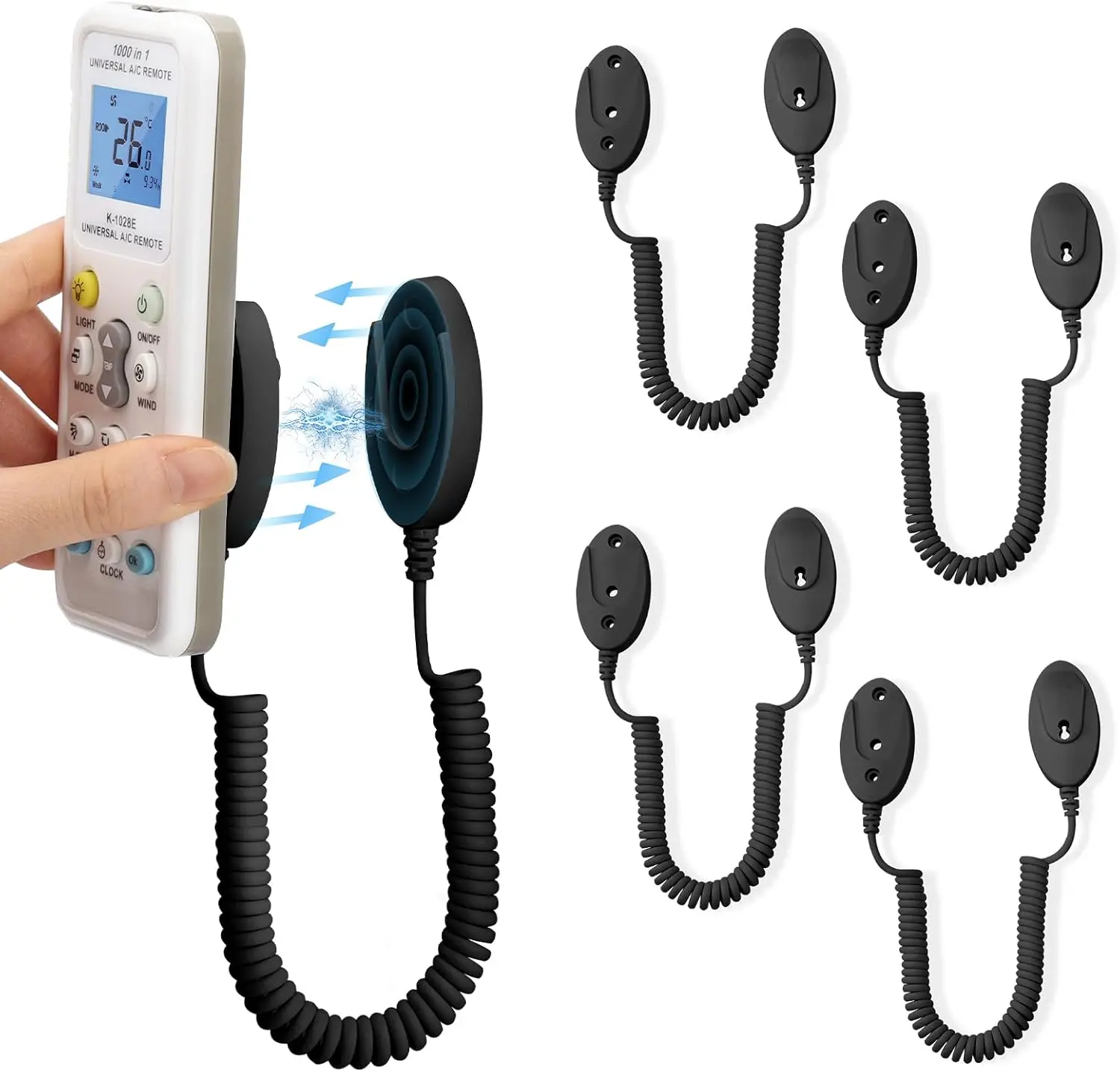 WALLFID 2/4-Pack Magnetic Remote Control Holders with Spring Ropes - Safely Secure Remotes & Small Items, Wall-Mount with Adhesive, Anti-Loss, Rapid Adsorption, Extendable Spring (Black 70 inch，4 Pack)
