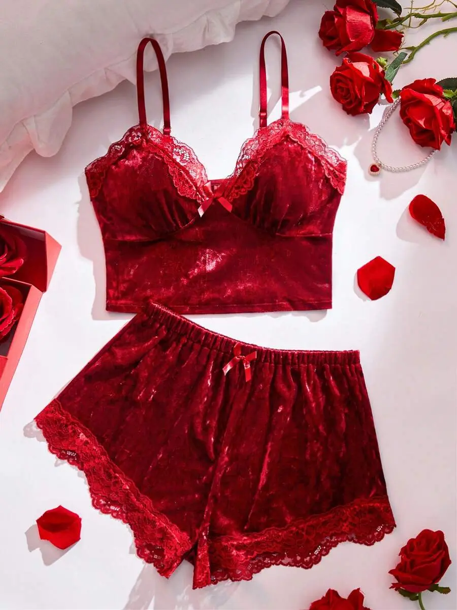 Women's V-Neck Solid Color Velvet Pajama Set, Lace Trim V-Neck Halter Top With Waist-Cinching Shorts, Comfortable Soft Loungewear
