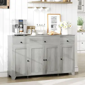 Garvee 55-inch Sideboard Buffet Cabinet with Adjustable Shelves, 3 Drawers, and 4 Minimalist Doors - Versatile Long Storage Cabinet for Kitchen, Dining, and Living Room in Grey