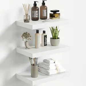 Fun Memories Floating Shelves for Wall 16 Inch Set of 3, Farmhouse Floating Shelves with Invisible Heavy Duty Bracket, 10 Inch Deep Bathroom Shelves for Storage, Living Room, Kitchen, Decor, White