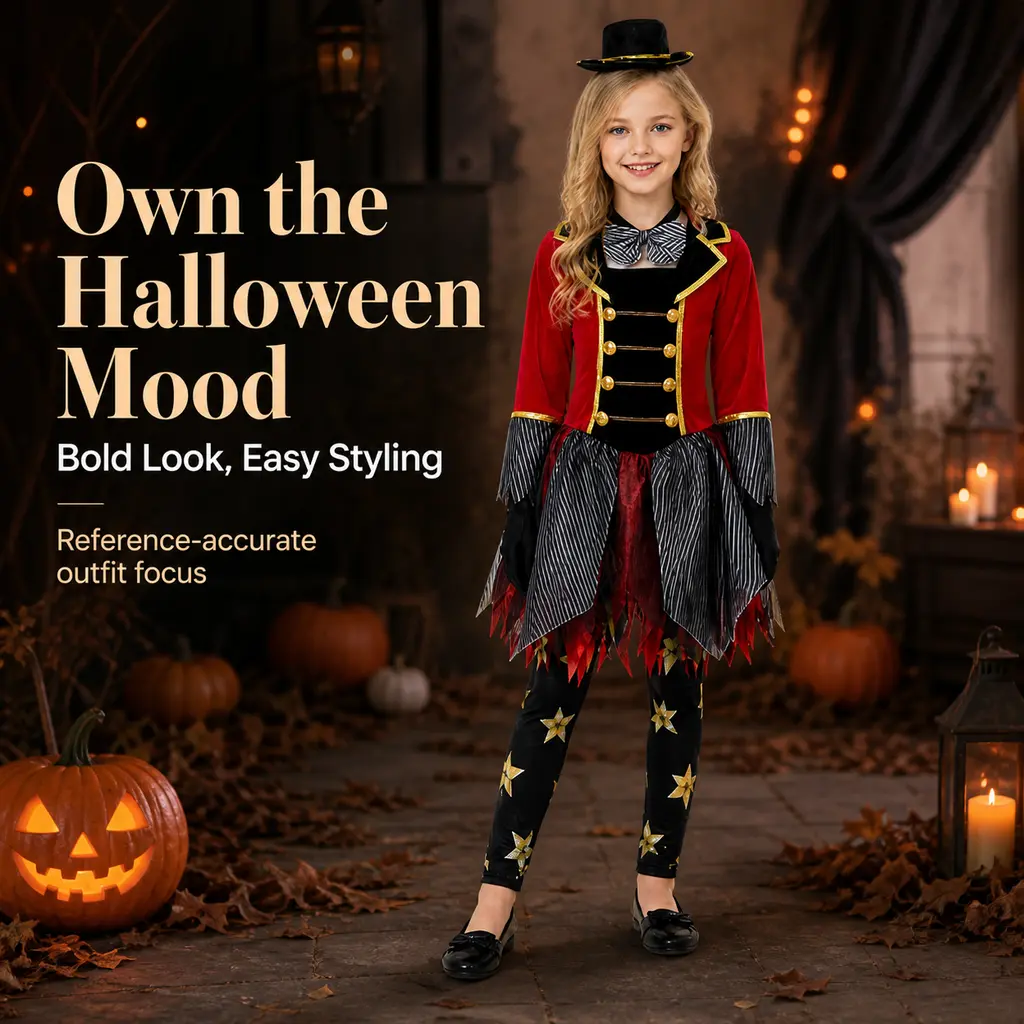 Kids Circus Ringmaster Magician Cosplay Costume, Gold Trim Tattered Hem Dress with Star Leggings Gloves Mini Top Hat, Girls Halloween Carnival Circus Show Theme Party Stage Performance Fancy Dress Outfit