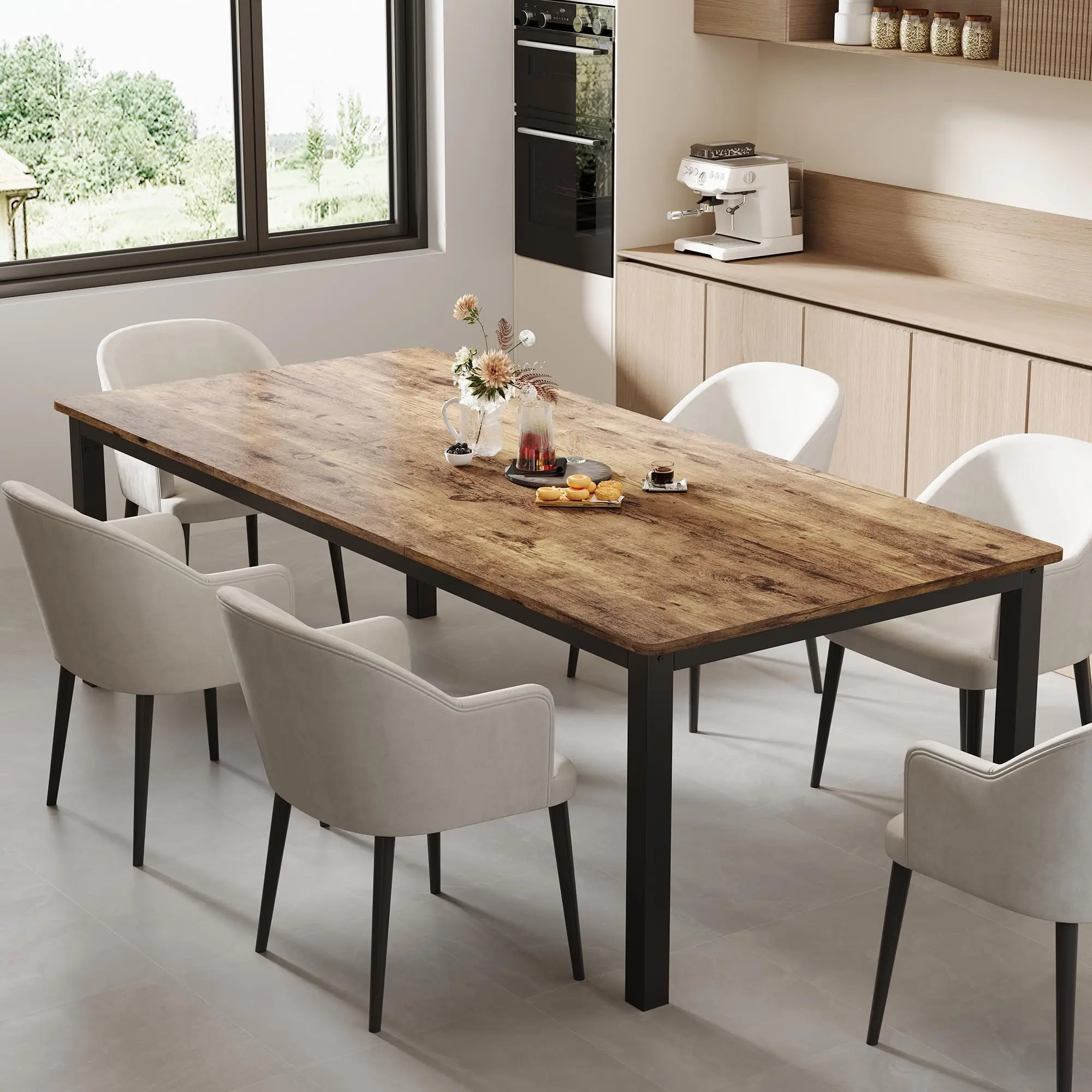 Garvee and Garvee Industrial Dining Tables, 71-79 inches, seating 6-8, with sturdy metal frames and large rectangular wooden tops with rounded corners, ideal for dining rooms and kitchens, easy installation