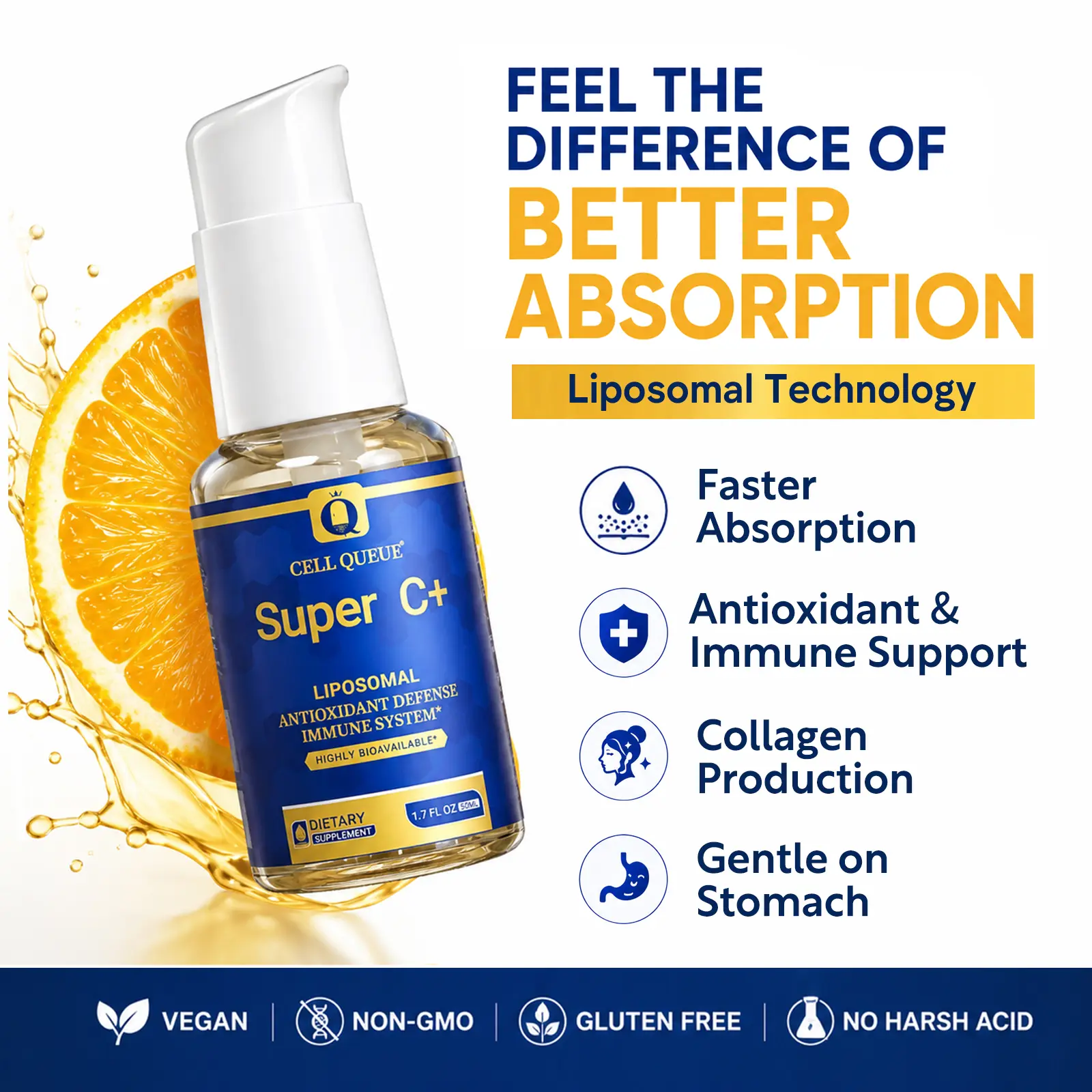 Cell Queue Liposomal Vitamin C Liquid Supplement | High Absorption Formula with Essential Phospholipids | Immune Support, Collagen Support, Antioxidant & Skin Health | 1.7 fl oz