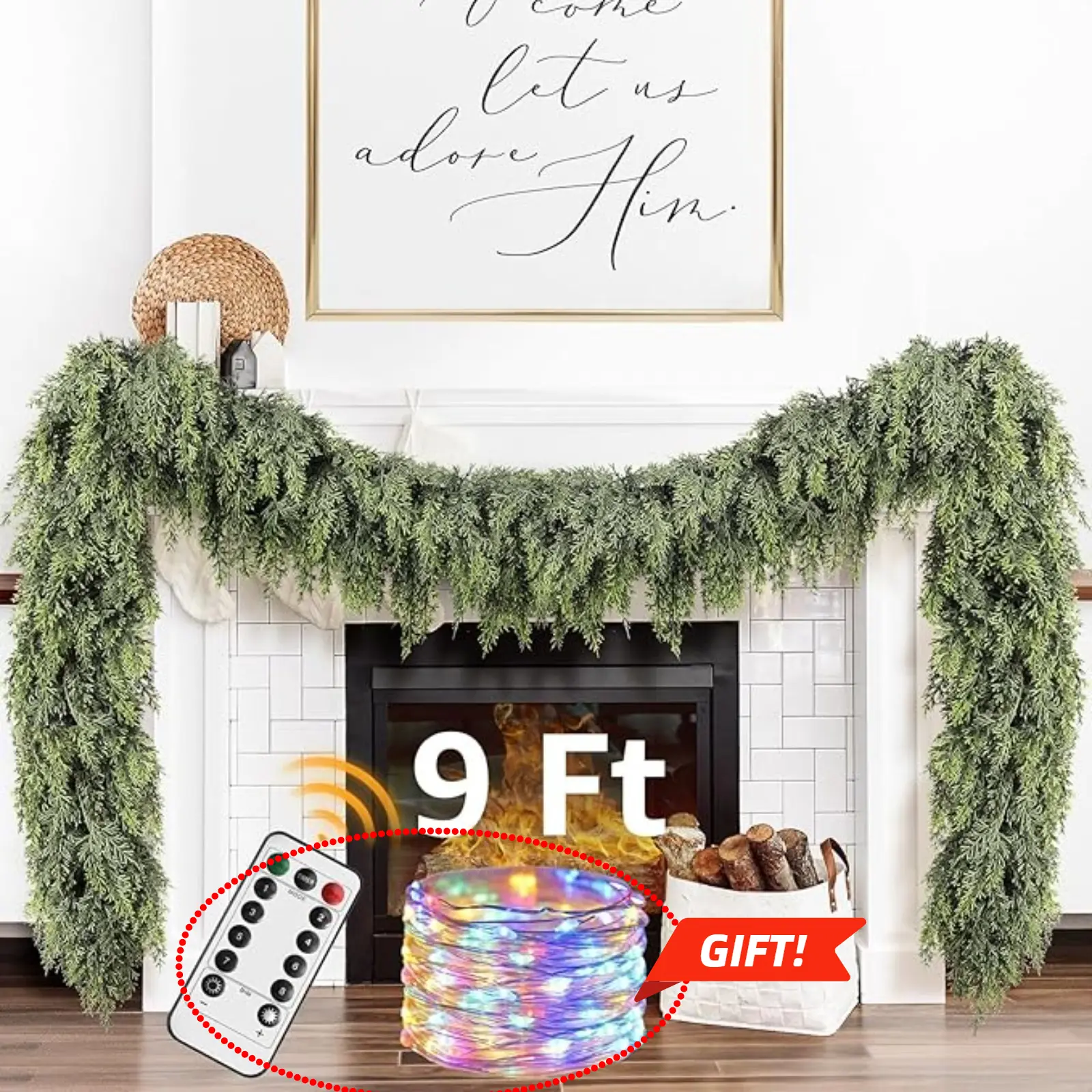 9ft Pre-Lit Christmas Pine Garland with 50 LED Lights Realistic Faux Greenery for Mantle Stair & Fireplace Battery Operated Remote Control Indoor Outdoor Decorations, Get Free Gift, Faux Cedar, Lifelike Texture, Winter Glow For Christmas, Room Decorations