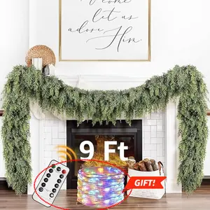 9ft Pre-Lit Christmas Pine Garland with 50 LED Lights Realistic Faux Greenery for Mantle Stair & Fireplace Battery Operated Remote Control Indoor Outdoor Decorations, Get Free Gift