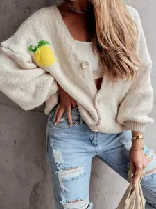 Women's Cute Lemon Pattern Knit Cardigan, Long Sleeve V Neck Front Button Sweater Coat, Vintage Y2K Casual Sweet Fashion
