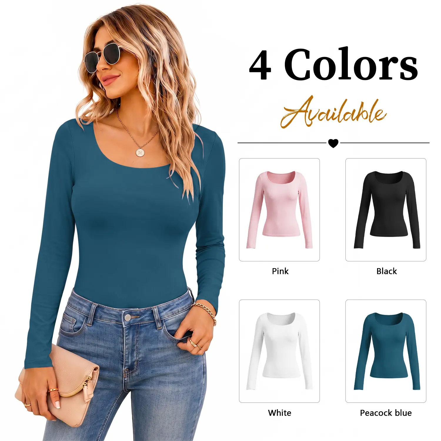 Elegantsut Women's 4-Pack Square Neck Long Sleeve Tops - Slim Fit Polyester Stretchy Tees, Y2K Cute Clothes, Minimalist Korean Style, Casual Chic Basic Layering T Shirts, Pink/White/Black/Peacock Blue, Everyday Multipack Tops, All Season Womenswear