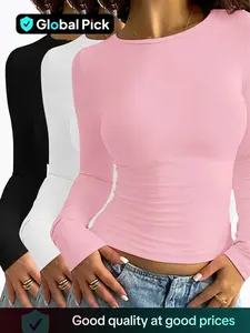 Women's Solid Long Sleeve Lounge Tops, Classy Casual Comfy Knitted Fabric Round Neck T-shirt for Daily Nightwear, Pyjamas for Women, Ladies Sleepwear for All Seasons, Crewneck Sleepwear for Women, Clothing, Womenswear, Casual Comfy Stretchy