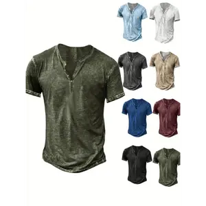 Men's Distressed Henley Shirt - Slim Fit Short Sleeve Button-Up Cotton T-Shirt with V-Neck & Placket Detailing, Machine Washable Casual Shirt in Olive Green, Black, Blue, Burgundy, Sporty Apparel |         Athletic Style |         Comfortable Tee Fabric M