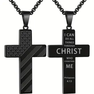 Stainless Steel USA Flag Cross Necklace for Men & Women - Patriotic Christian Jewelry with 'CAN DO ALL THINGS THROUGH CHRIST' Bible Verse - Durable & Stylish Faith-Inspired Gift