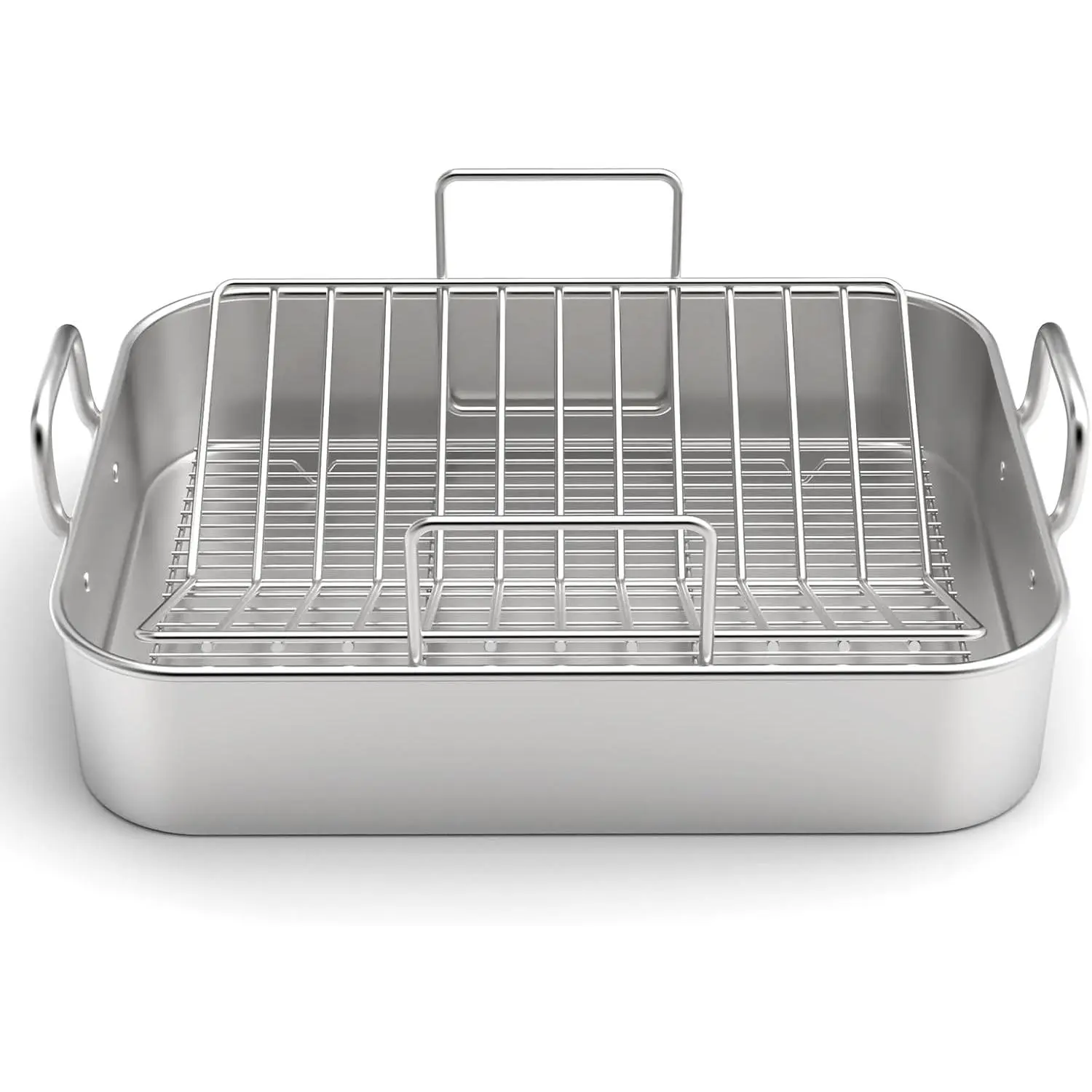 Stainless Steel Roasting Pan, 17* 13inch Turkey Roasting Pan with Rack - Deep Roasting Pan and V-Shaped Rack and Flat Rack, Non-Toxic and Durable, Perfect for Thanksgiving and Christmas Roasting Chicken and Pasta