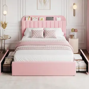 Sturdy Upholstery Full Bed Frame with Boucle Fabric, Storage Headboard, 2 Drawers, Bookcase, No Box Spring Needed, Easy Assembly, Pink Girls Bed Frame, Sturdy Bed Frame, Upholstery Bed Frame