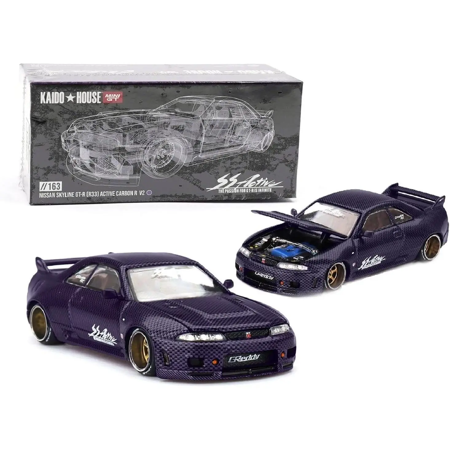 Kaido House x Mini GT 1:64 Nissan Skyline GT-R (R33) Active Carbon R V2 Purple Carbon Limited Edition KHMG163