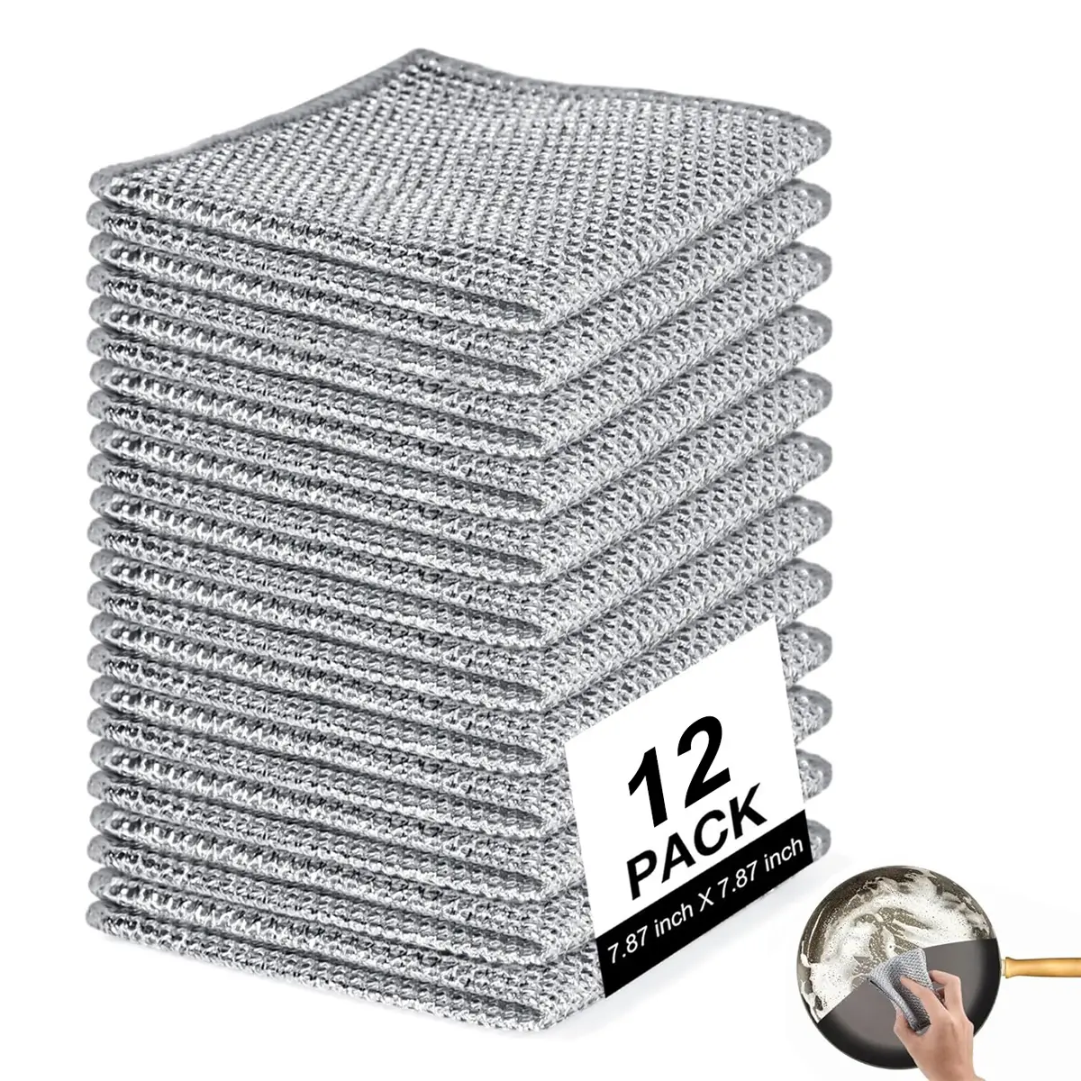 12 Counts Multipurpose Wire Dishwashing Rag, Double Layer Multipurpose Fiber Cleaning Cloth,  Wire Miracle Cleaning Cloths Metallic Dish Cloths for for Wet and Dry Washing