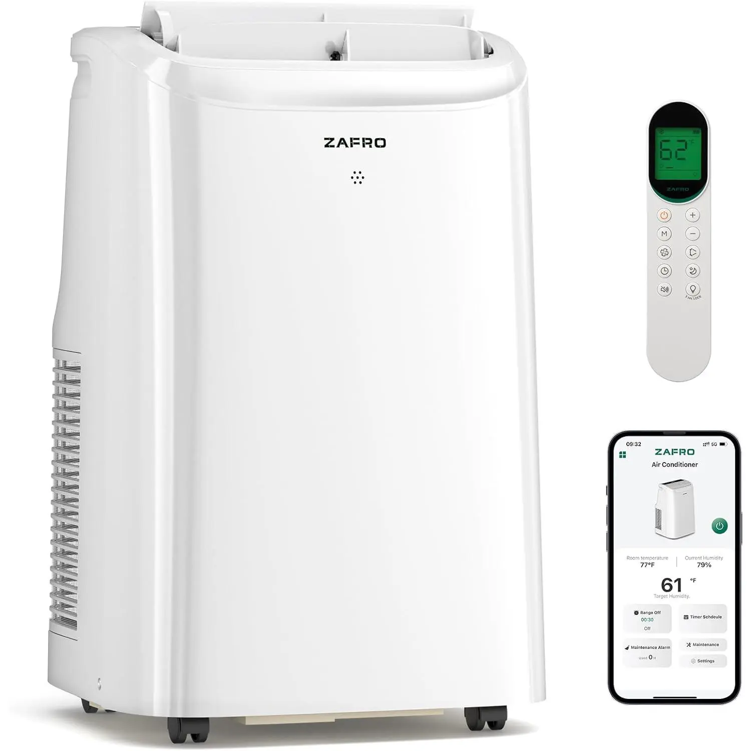 ZAFRO Portable AC - 12000 BTU (8000 BTU SACC), Low Maintenance, Adjustable Temperature, Smart Climate Control, Fan, Dehumidifier, 24H Timer, APP/WiFi Remote, Intuitive LED Display, Quick Setup for Bedroom, Office, Cooling Solutions