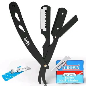 UM Supplies Straight Edge Razor With Extra Single Edge Replacable Blades Stainless Steel (Black)