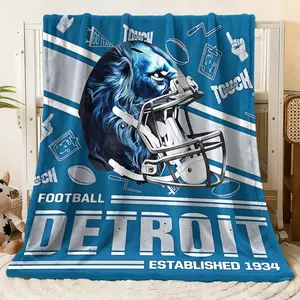 Detroit Football Flannel Blanket, Stylish Lion Helmet Print Sports Themed Throw with "ESTABLISHED 1934", "FOOTBALL", "TOUCH" Text & Football Icons, Warm Cozy Plush Blanket for Couch Bed, Idea