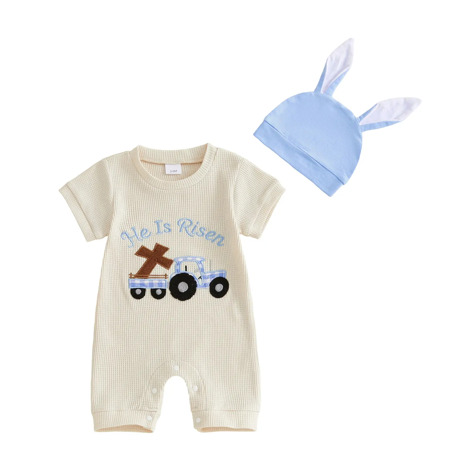 Babamoon Baby Clothing Toddler Outfit, Short Sleeve Waffle Jumpsuit Romper with Hat for Baby Boys (0-18 Months) - Easter-Themed, Letter, Cross, Tractor Embroidery, Summer Wear