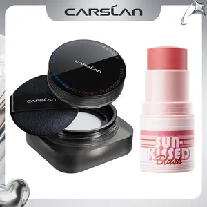 CARSLAN Soft Foucs Make-up Powder 01 and Sunkissed Blush 01, 24H Longlasting Face Set, Waterproof, Oil Control,Talc-Free Setting Powder, Vegan Natural Formula Blush, 2pcs Makeup Cosmetic