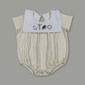 Baby Boy Cross Embroidery Bubble Romper – Toddler Easter Outfit, Soft Cotton Summer Clothes for Church