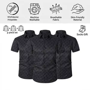 Set of 3 men’s striped shirts; casual everyday breathable short-sleeve stretch button-collar men’s jackets. Long-sleeve shirts for men