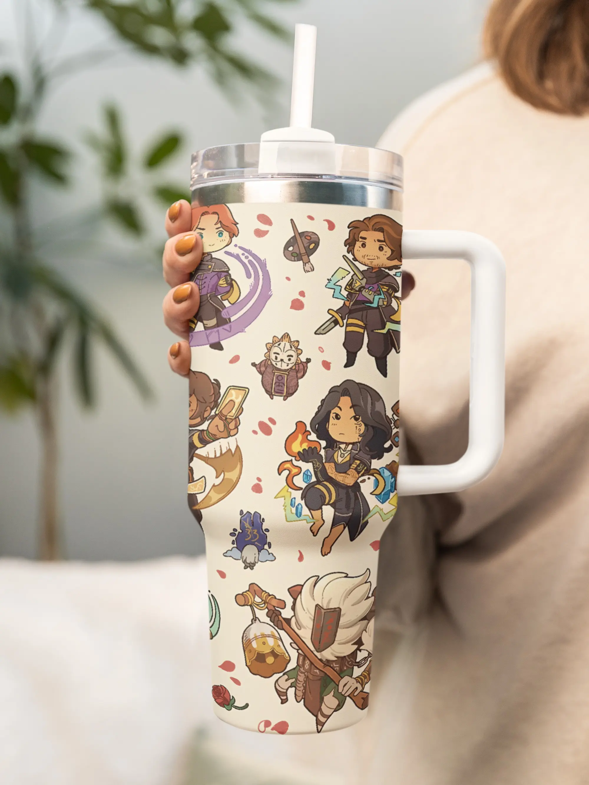 Expedition 33 Chibi Characters Maelle, Verso,Lune, Sciel, Monoco and Esquire Tumbler – Cute RPG Fantasy Party, 40oz Stainless Steel Cup With Handle and 20oz Skinny cup