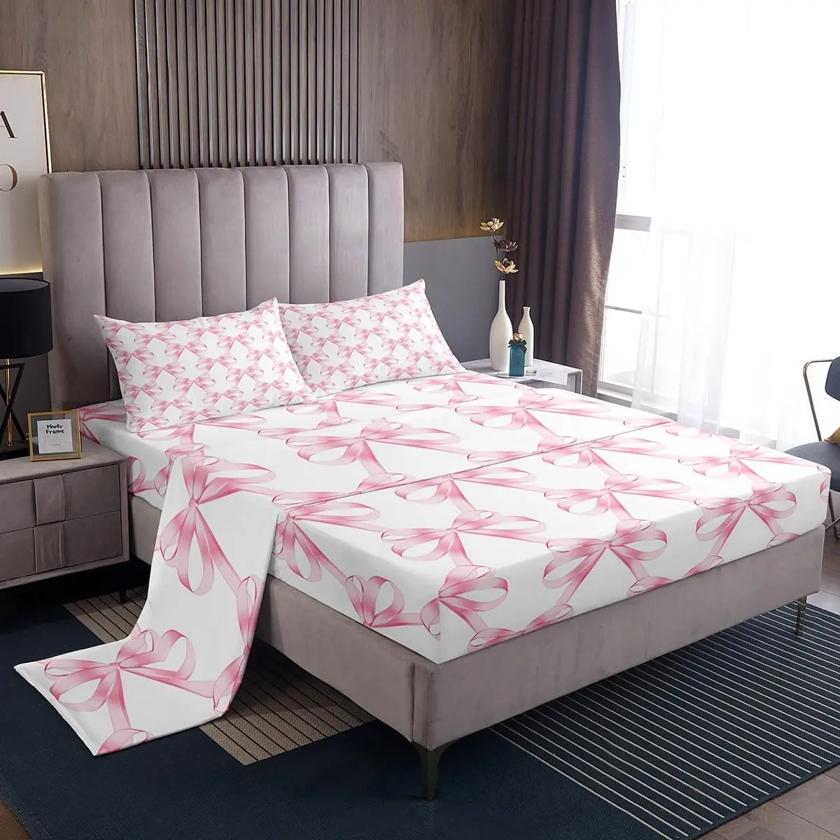 Feelyou Decorative Bedsheet Sets - Pink Bowknot Princess-Style Bedding, Girly Kawaii Bow, Geometric Grid Theme, Soft Breathable Deep Pocket Fitted Sheets, Full/King Sizes, Machine Washable, Soft Breathable Sheet