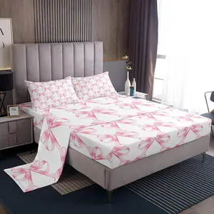 Feelyou Decorative Bedsheet Sets - Pink Bowknot Princess-Style Bedding with Girly Kawaii Bow, Geometric Grid Theme, Soft Breathable Sheet, Deep Pocket Fit Fitted Sheet