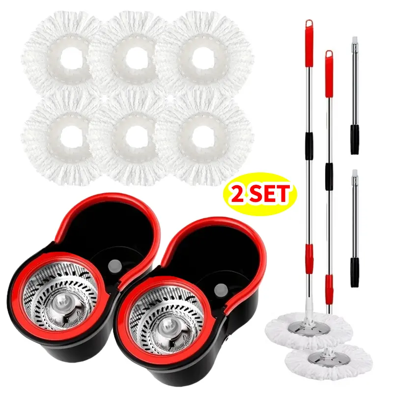 2-Pack Mop and Bucket Set with Spin System, 360° Auto Rotating Mops, 61" Stainless Steel Extended Handle, Wringer, 6 Microfiber Refills, 2-Set for Home Bathroom Floor Cleaning
