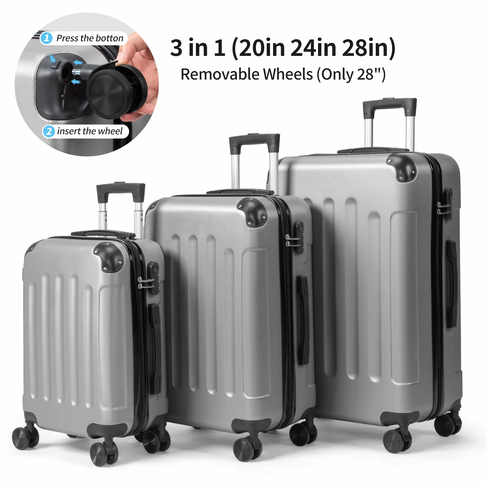 3Pcs Hardside Luggage Set with Detachable Wheels, 20/24/28 Inch Lightweight ABS Suitcase with Lock & Spinner Wheels, Durable Travel Trolley Bag, 28-inch Detachable Wheels, Dark Gray