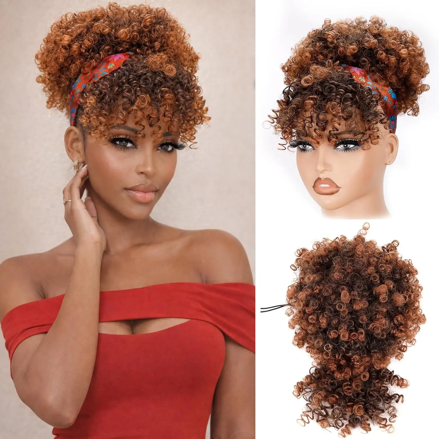 Drawstring Ponytail for Black Women, Afro Puff Kinky Curly Hair Ponytail Extension with Bangs Middle Brown Black Updo Natural Hair Ponytail Heat Friendly Synthetic Convenient Wigs