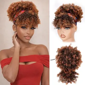 Drawstring Ponytail for Black Women, T30 Afro Puff Kinky Curly Hair Ponytail Extension with Bangs Middle Brown Black Updo Natural Hair Ponytail