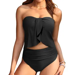 Daci Women Two Piece Tankini Swimsuits - Tummy Control Bathing Suits Bandeau Swim Top with High Waisted Bottom