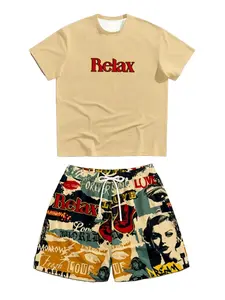Men's 'relax' Print T-Shirt + Graffiti Drawstring Shorts Set, Casual Loose-Fitting, All Seasons, Two-Piece