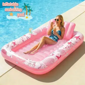 70"x46" 4-in-1 Inflatable Tanning Pool Raft for Adults, Pink Float with Pillow - Sunbathing Lounge, Backyard Water Tub, Kids' Blow-Up Ball Pit