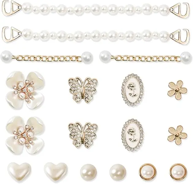 18PCS luxury bling shoe charms with gold rhinestones, butterfly & flower details, plus pearl chains. Perfect for clogs, parties, birthdays & stylish gifts.