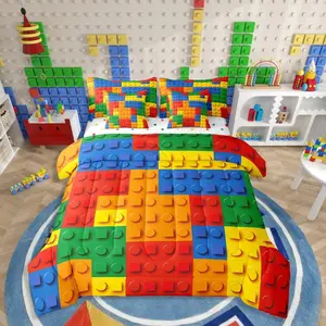 Feelyou 7-Piece 3D Building Blocks Bedding Set - Ultra-Soft Microfiber Luxe Multi-Size Bed-in-a-Bag, Construction Fun Comforter, Playful Rainbow Bricks Theme for Girls, Christmas, Halloween, Thanksgiving, Valentine's Day