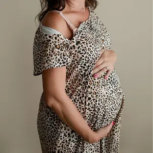 Plus Size Three Little Tots Leopard Print Mommy Labor and Delivery Nursing Mommy Gown