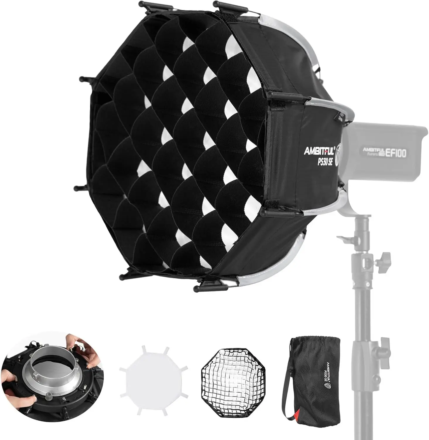 Ambitful PS Series Quick Release Octagonal Softbox with Grid, Deep Parabolic Softbox for Flash & LED Video Lights, Bowens Mount, 30cm/45cm/50cm