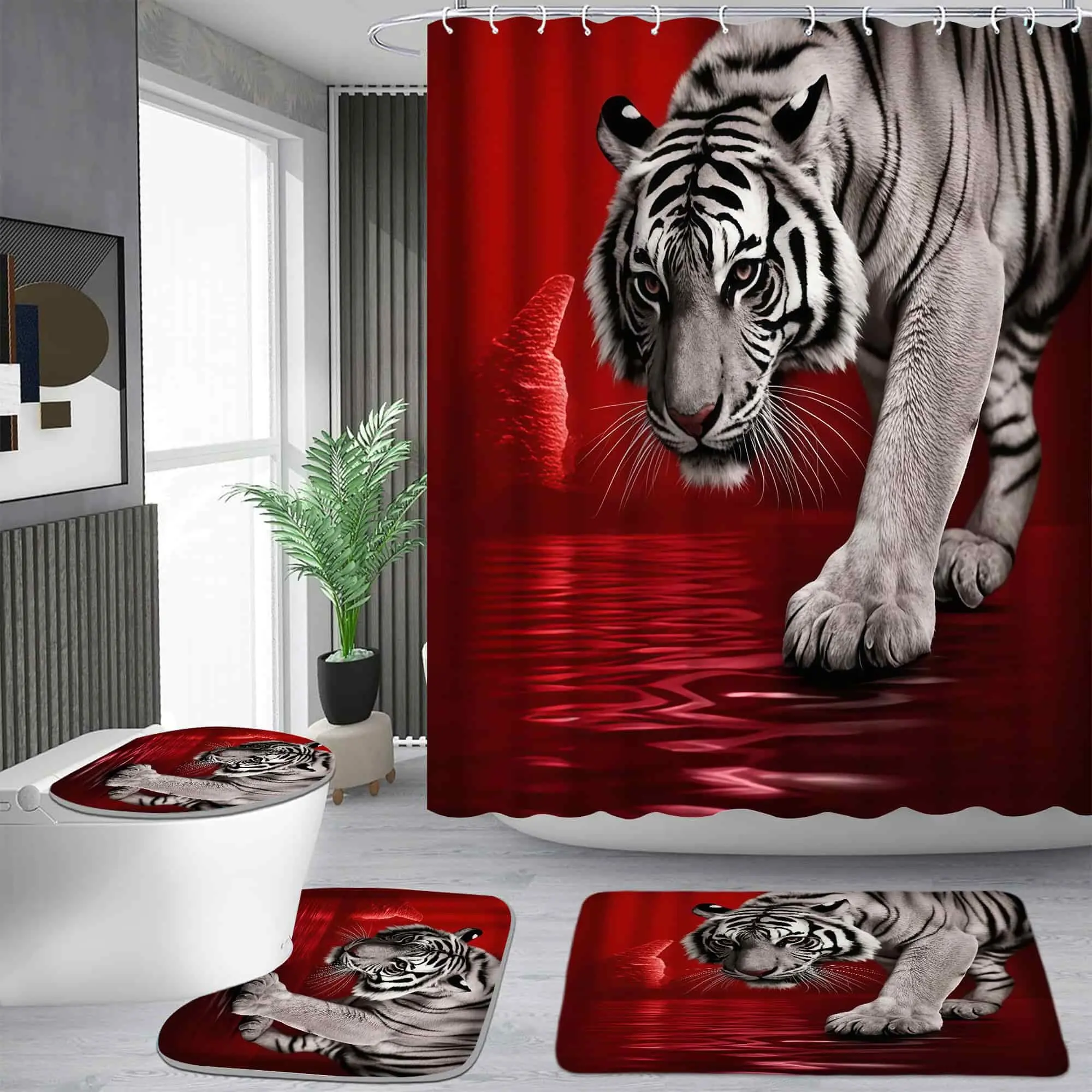 Domineering white tiger pattern shower curtain set with red background, waterproof shower curtain with 12 hooks, non-slip bathroom carpet, toilet U-shaped cushion, toilet seat cover cushion, bathroom shower curtain set, perfect moving gift.