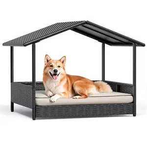 Warcat Wicker Dog House Outdoor Indoor Elevated Dog Shelter Dog Bed with Cushion, for Deck, Patio, Yard, Home February Faves