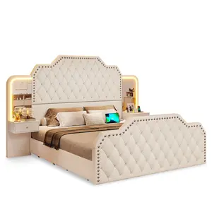 PU Leather Upholstered LED Bed Frame with 2 Nightstands White Bedframe Bedroom Furniture Headboard PU Leather Upholstered LED Bed Frame with 2 Nightstands White Bedframe Bedroom Furniture Headboard