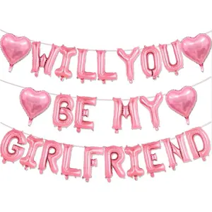 Will You Be My Girlfriend Balloons-16 Inch Pink Foil Letters Balloon 18 inch Heart Balloon Valentines Day Balloons for Wedding Engagements Proposals party Decorations