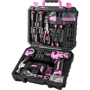 DEKOPRO 126-Piece Pink Household Tool Set with 8V Cordless Drill, Rechargeable Battery, All-in-One Compact Tools kit, Perfect Christmas Gift, Ideal for Home Repairs & DIY Projects
